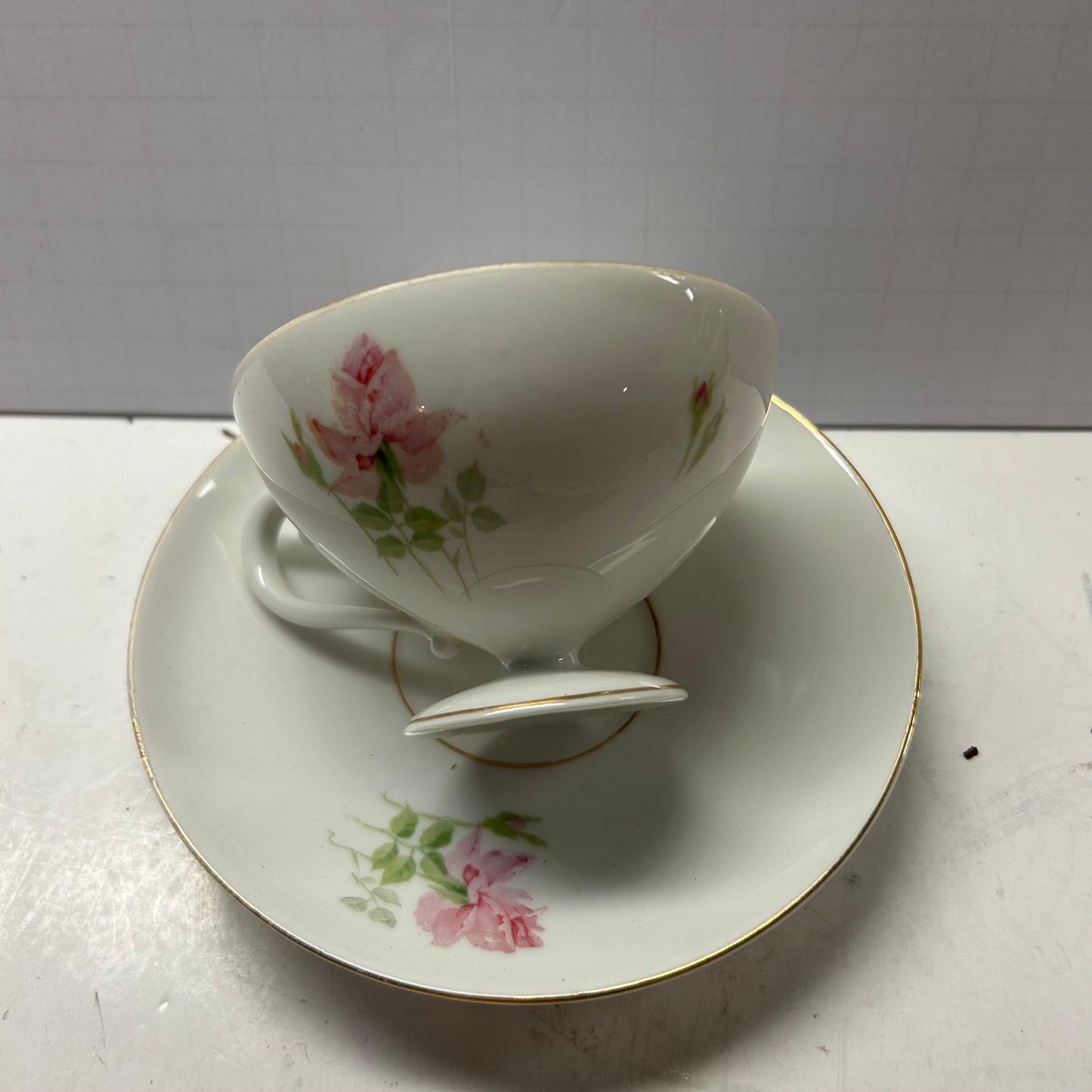 White  and Pink Rose Floral Design with Gold Rim Tea Cup and Saucer
