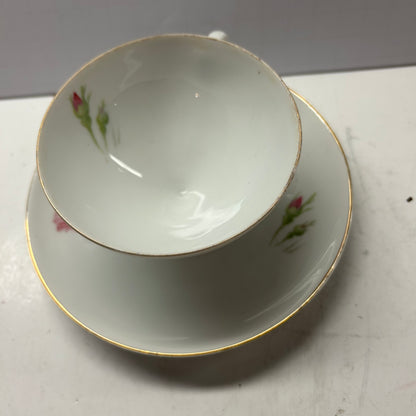 White  and Pink Rose Floral Design with Gold Rim Tea Cup and Saucer