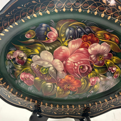 Vintage Hand Painted Russian Metal Tray Floral Design