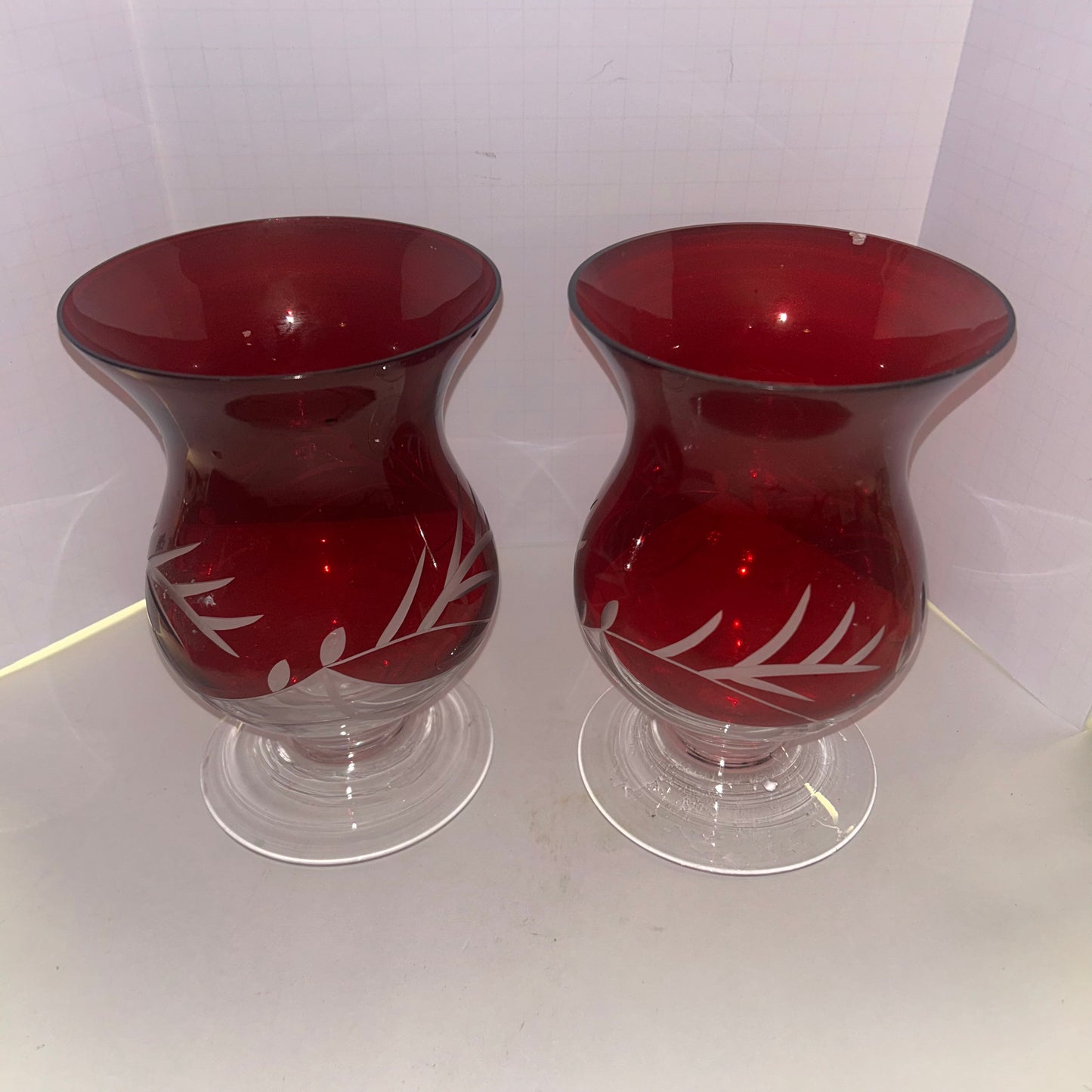 Vintage LENOX Floral Christmas Ruby Red Hurricane Votive Candle Holder Etched (set of 2)