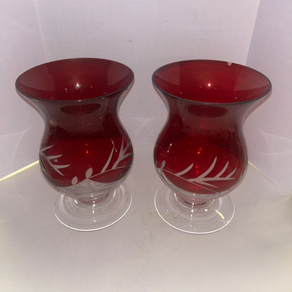 Vintage LENOX Floral Christmas Ruby Red Hurricane Votive Candle Holder Etched (set of 2)