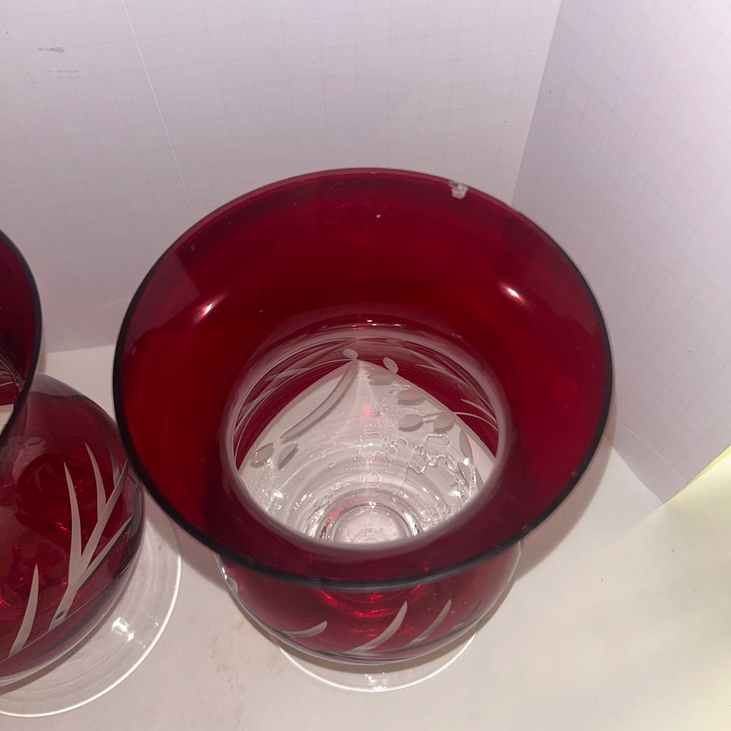 Vintage LENOX Floral Christmas Ruby Red Hurricane Votive Candle Holder Etched (set of 2)