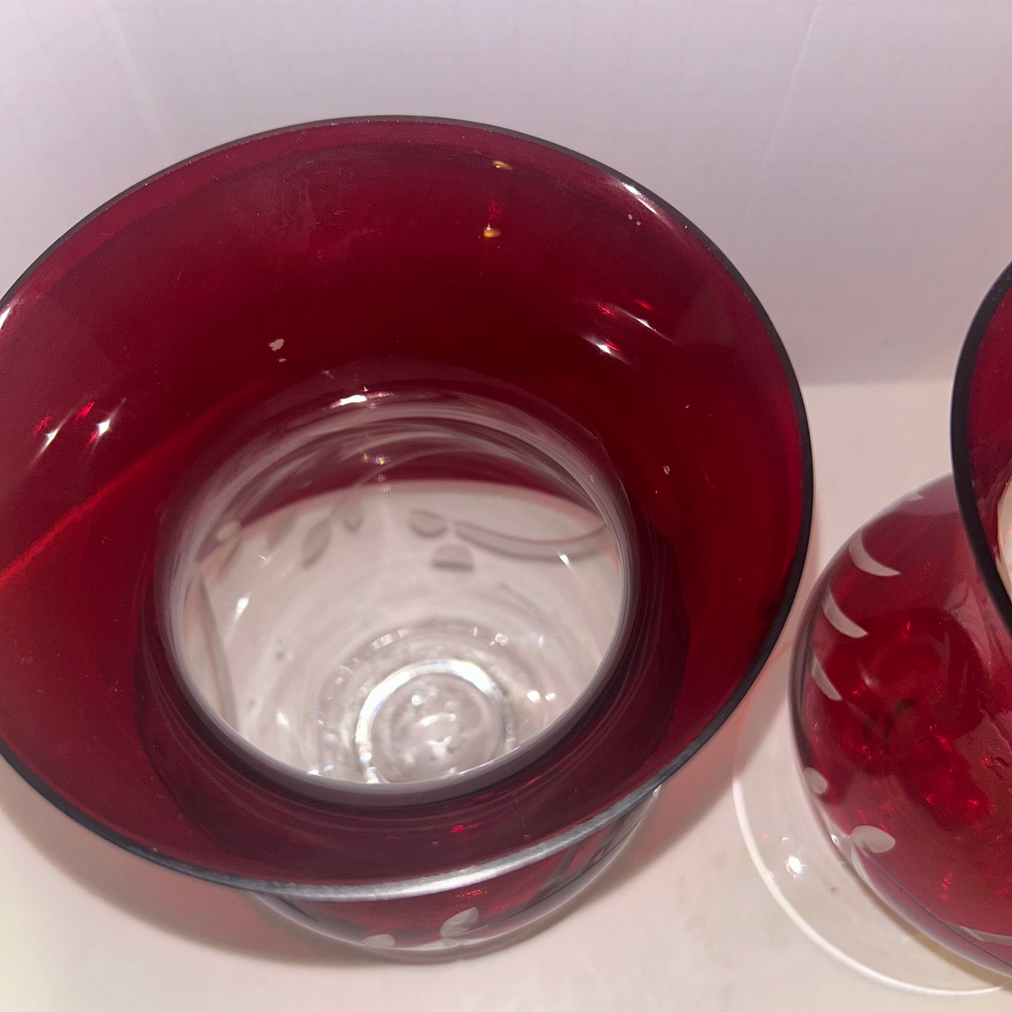 Vintage LENOX Floral Christmas Ruby Red Hurricane Votive Candle Holder Etched (set of 2)