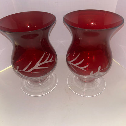 Vintage LENOX Floral Christmas Ruby Red Hurricane Votive Candle Holder Etched (set of 2)