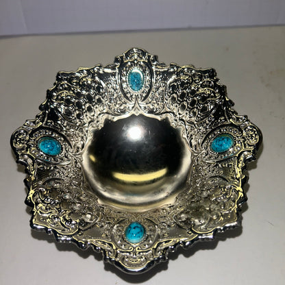 Metal Pedestal Trinket/Candy Dish w/ Turquoise Stones