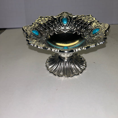 Metal Pedestal Trinket/Candy Dish w/ Turquoise Stones