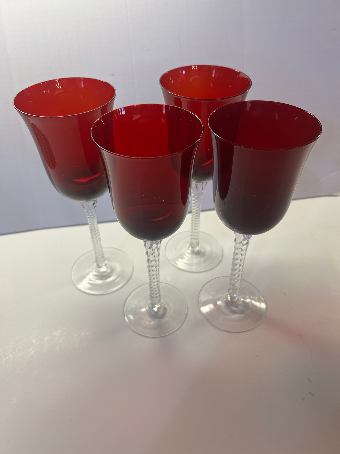 Vintage Amberina Ruby Red Wine Goblet Glasses w/ Clear Spiral Twist Stem Design (set of 4)