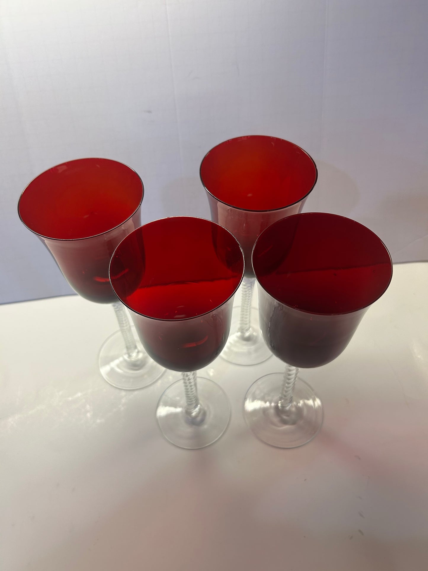 Vintage Amberina Ruby Red Wine Goblet Glasses w/ Clear Spiral Twist Stem Design (set of 4)