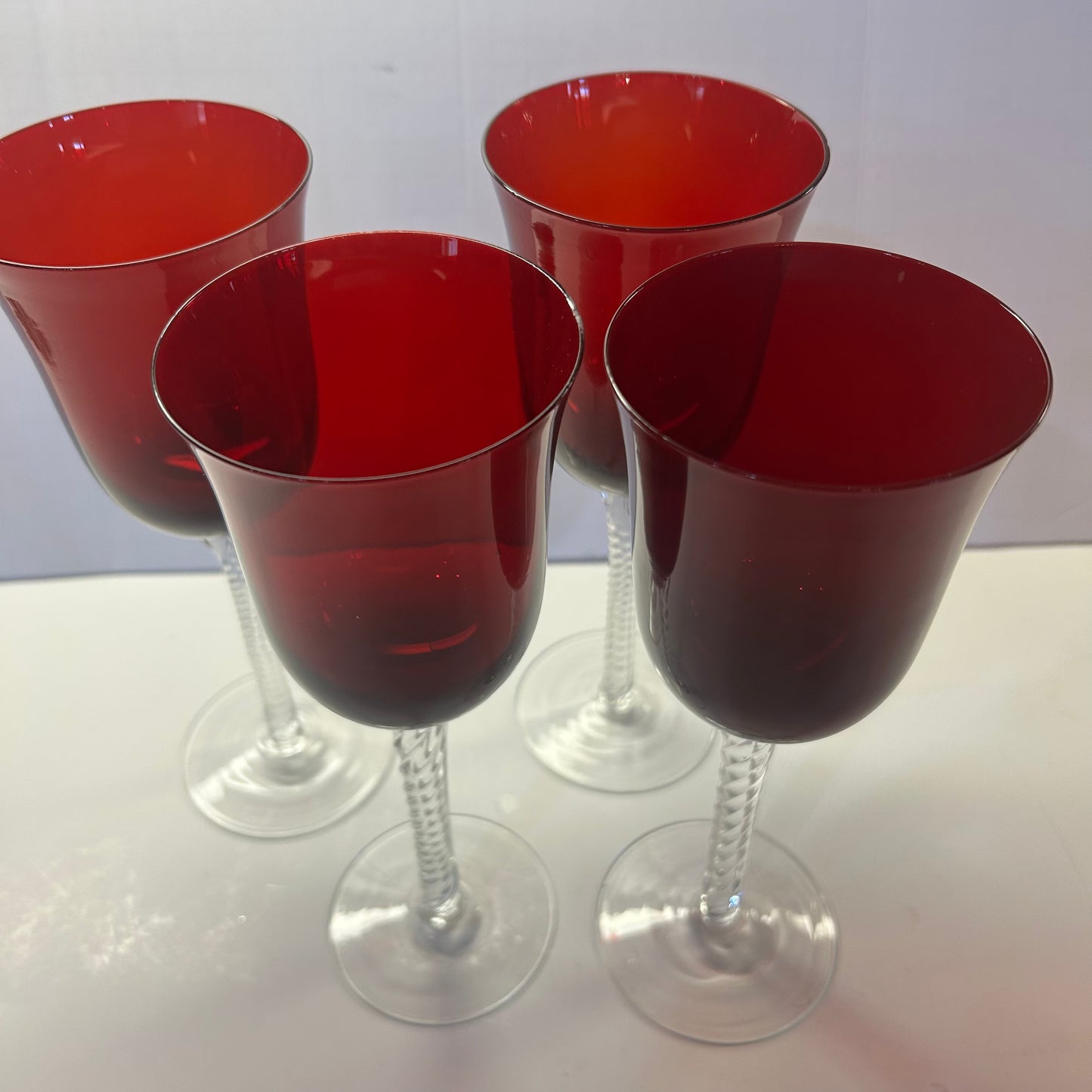Vintage Amberina Ruby Red Wine Goblet Glasses w/ Clear Spiral Twist Stem Design (set of 4)