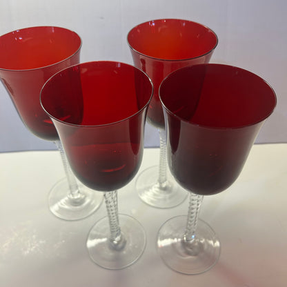 Vintage Amberina Ruby Red Wine Goblet Glasses w/ Clear Spiral Twist Stem Design (set of 4)