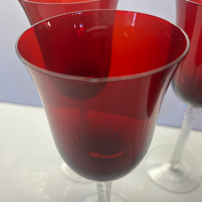 Vintage Amberina Ruby Red Wine Goblet Glasses w/ Clear Spiral Twist Stem Design (set of 4)