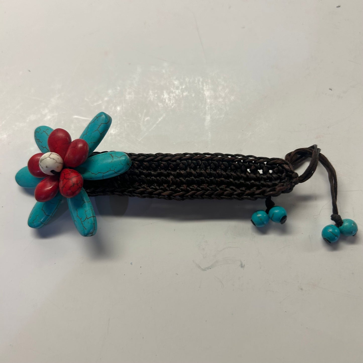 Turquoise and red floral Bracelet w/ Black braided band(adjustable size)