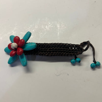 Turquoise and red floral Bracelet w/ Black braided band(adjustable size)