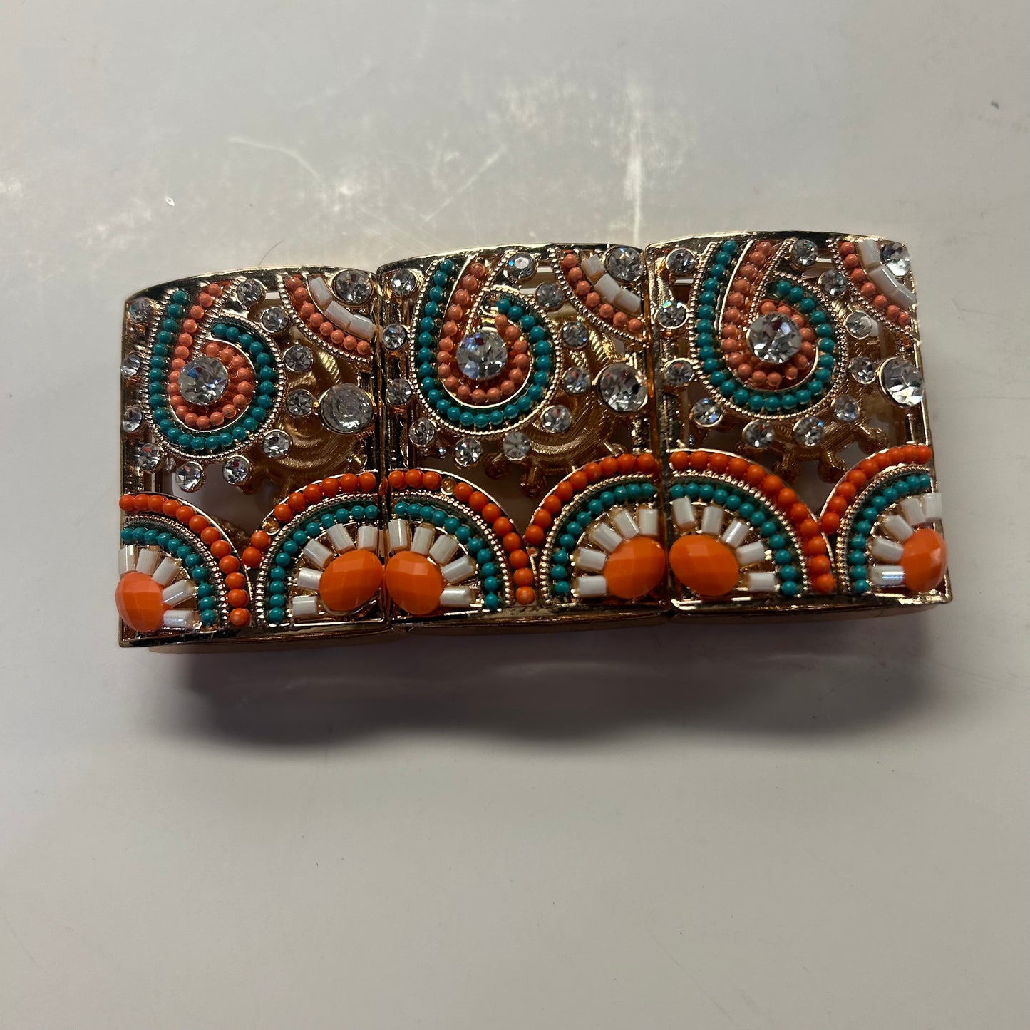 Orange Turquoise and Gold Paisley and Floral Design Bracelet (Lg size)stretch