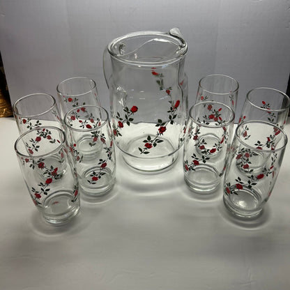 Vintage Anchor Hawking Glass Pitcher and glasses with Red Rose Design. (Set of 8 glasses)