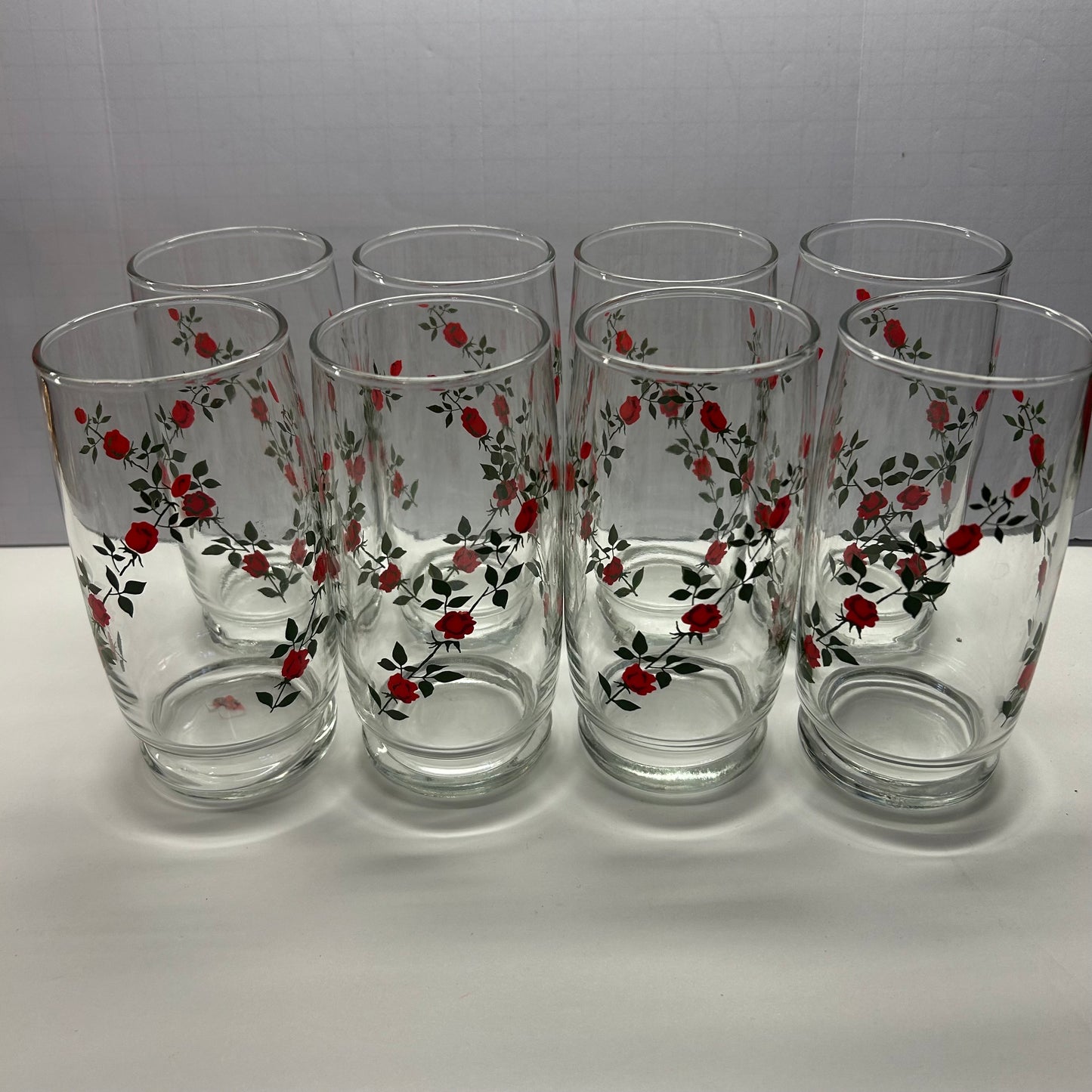 Vintage Anchor Hawking Glass Pitcher and glasses with Red Rose Design. (Set of 8 glasses)