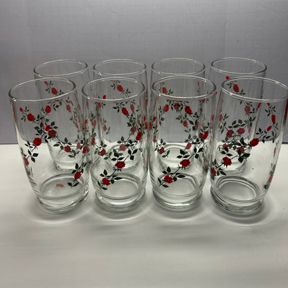 Vintage Anchor Hawking Glass Pitcher and glasses with Red Rose Design. (Set of 8 glasses)