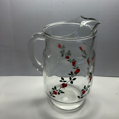 Vintage Anchor Hawking Glass Pitcher and glasses with Red Rose Design. (Set of 8 glasses)