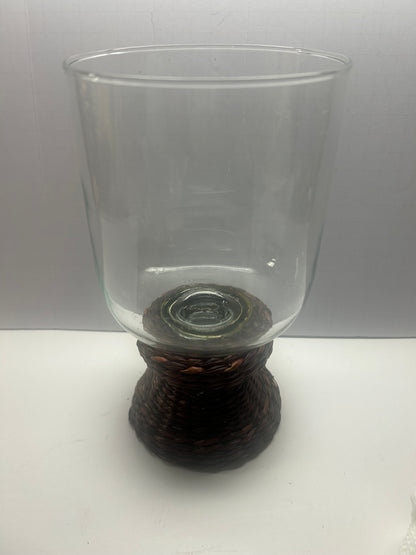 Glass Candle Holder w/ Braided Wooden Straw Base