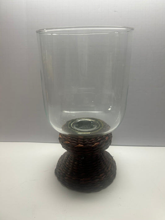 Glass Candle Holder w/ Braided Wooden Straw Base