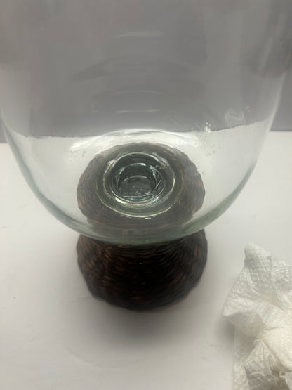 Glass Candle Holder w/ Braided Wooden Straw Base