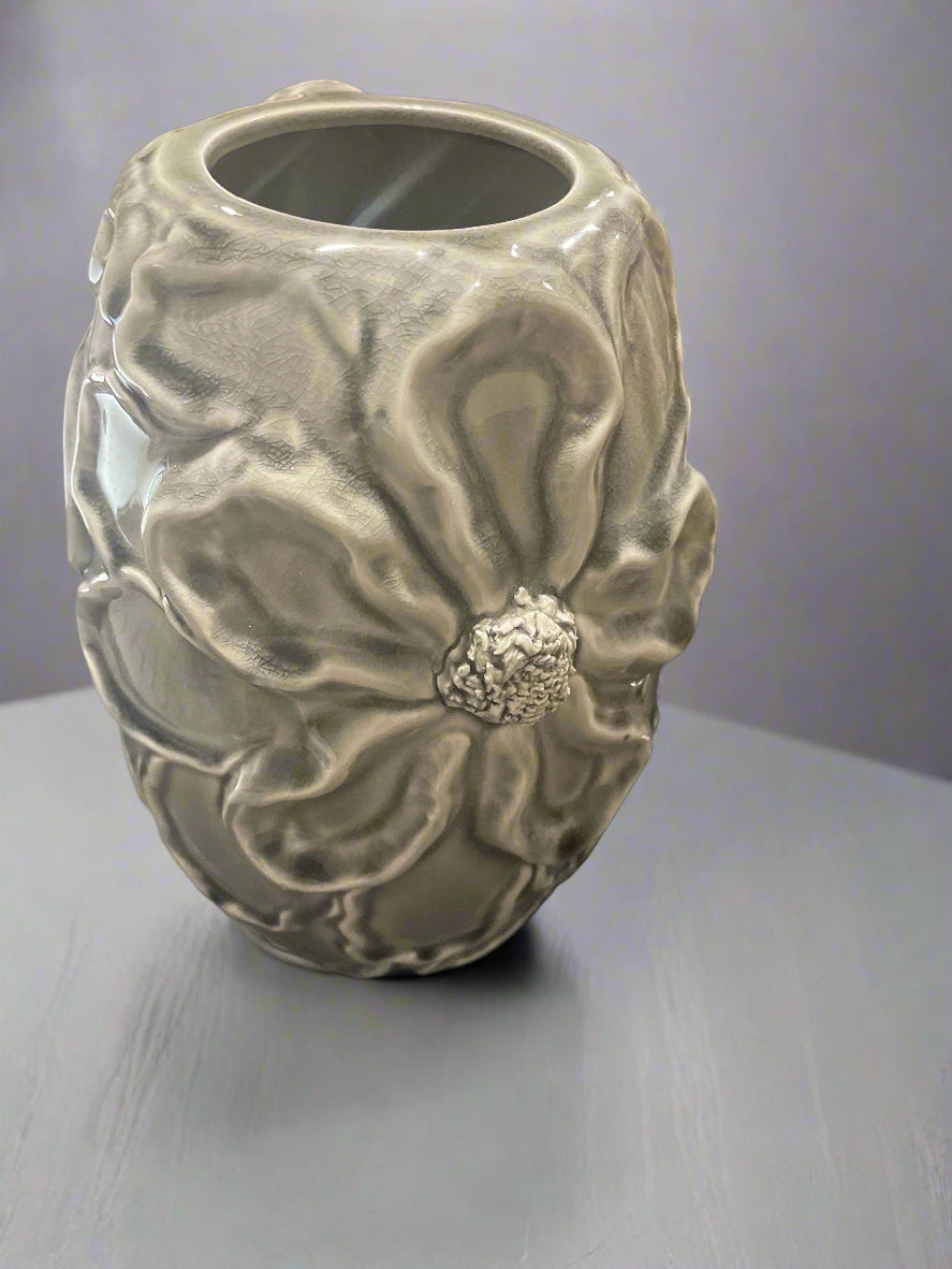 Gray Vase Flower Textured Decor 8” Tall