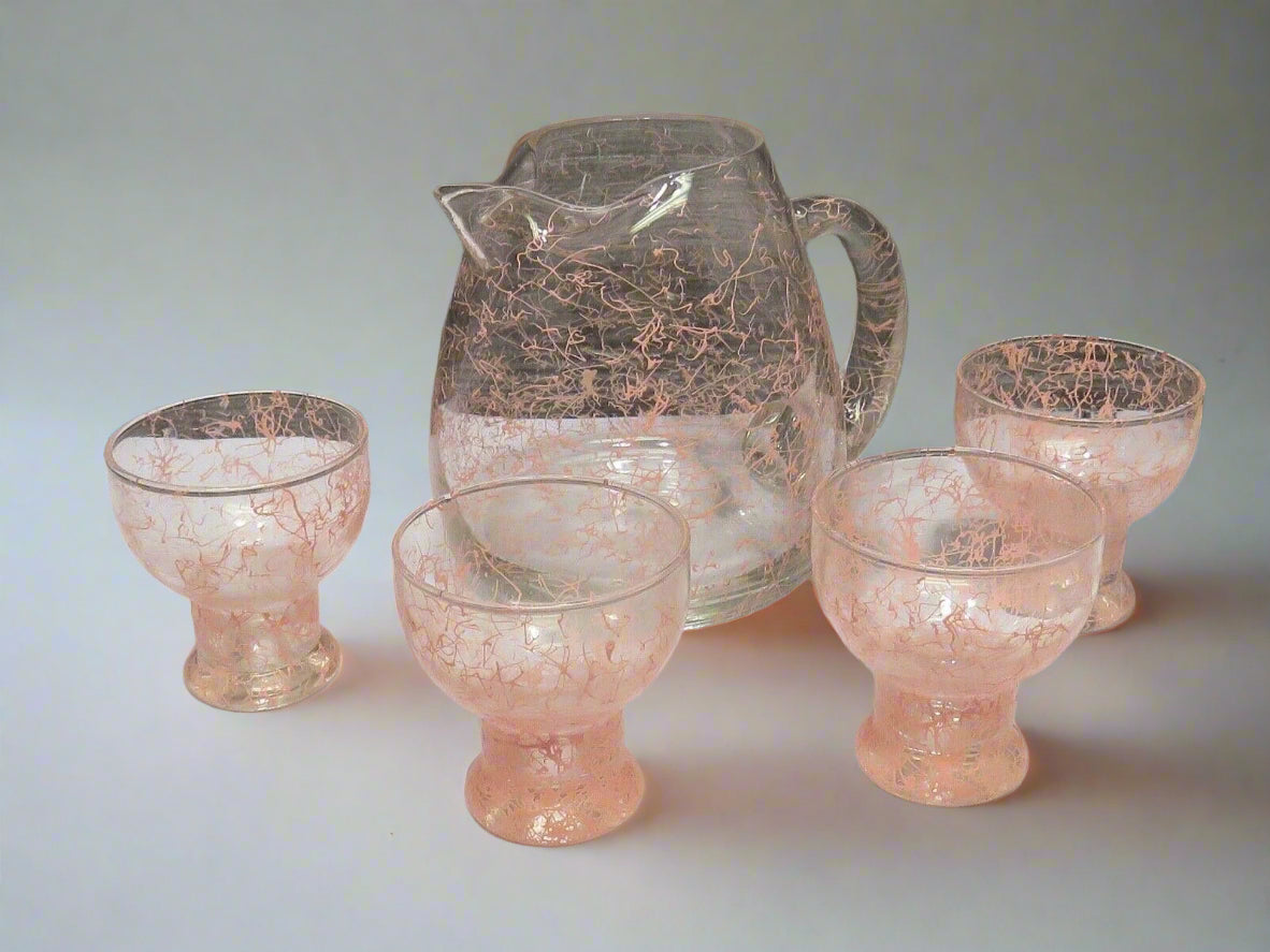 Vintage MCM Pink Splatter Drizzle Pitcher and  set of 5 Glasses