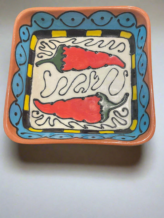 Square Dish Hand Painted Pottery Chili Pepper Design 7x7in